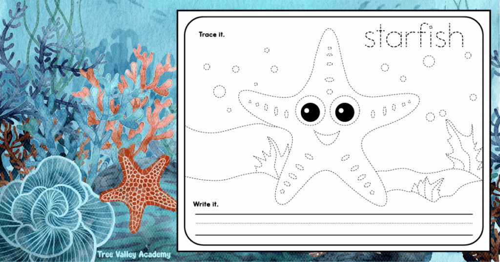 Printable starfish tracing worksheet for preschool and kindergarten with a trace, color, and write activity with a smiling starfish.
