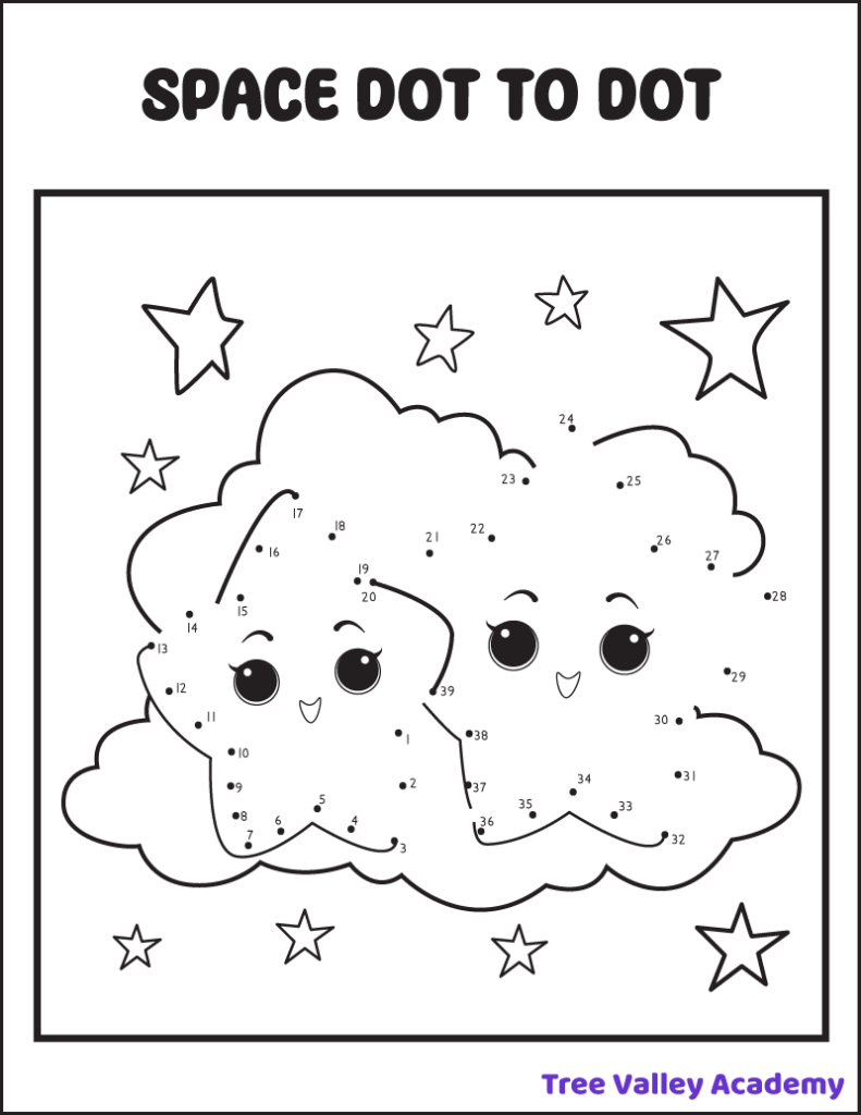 Free printable stars connect the dots 1-39 coloring page for kids. The space coloring page has 2 stars with faces, a cloud, and 9 other stars to color.