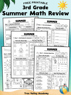 Free printable 3rd grade summer math review worksheets featuring five fun math activities for end-of-year review and summer practice.