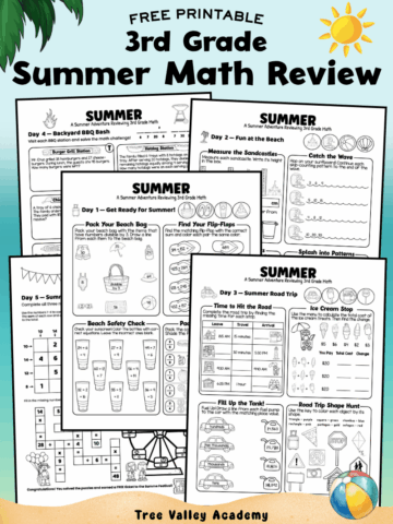 Free printable 3rd grade summer math review worksheets featuring five fun math activities for end-of-year review and summer practice.