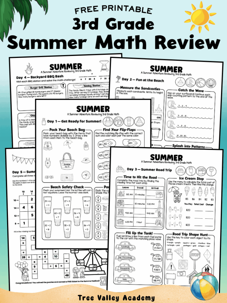 Free printable 3rd grade summer math review worksheets featuring five fun math activities for end-of-year review and summer practice.