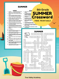 Free printable summer crossword for 6th grade. There are 2 printable pages: a page of clues and the puzzle.