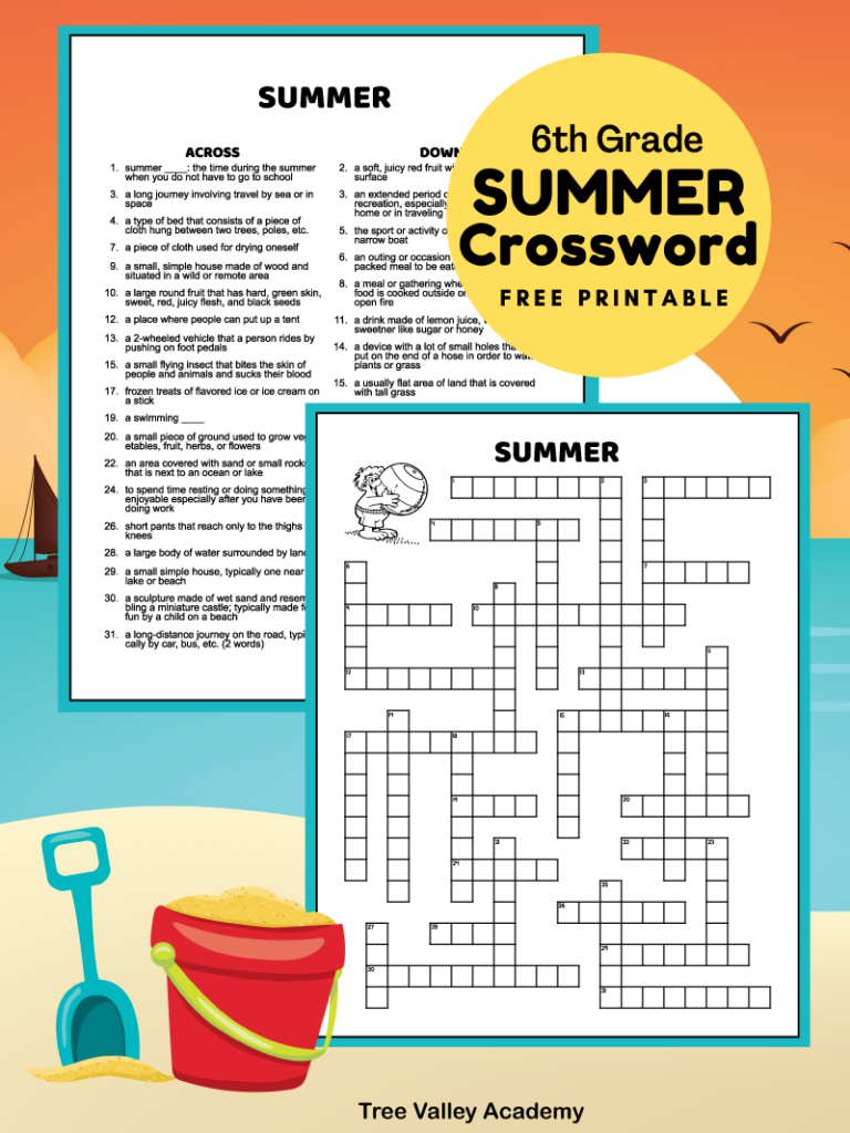 Free printable summer crossword for 6th grade. There are 2 printable pages: a page of clues and the puzzle.