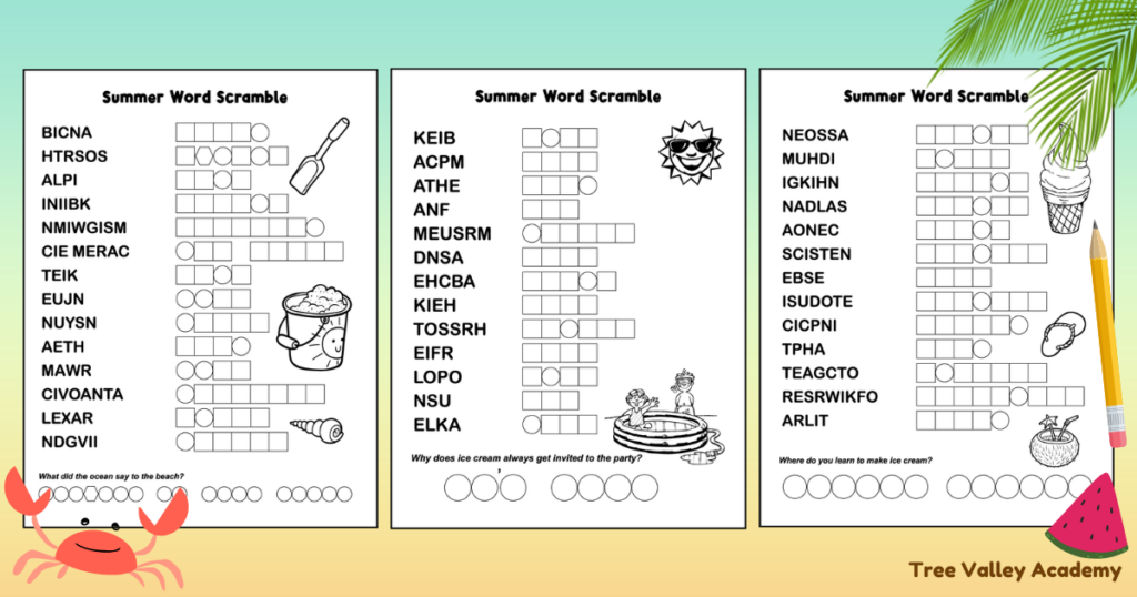 3 printable summer word scrambles. Each page is black and white, is decorated with fun summer images, and has 13 or 14 words to unscramble. Beside each jumbled word are squares and circles to write the letters of the unscrambled word. At the bottom of each page is a summer riddle with circles to write the answer in.