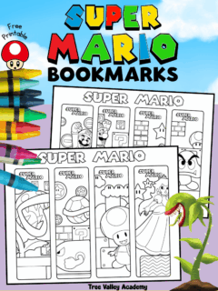 Free printable Super Mario bookmarks coloring pages for kids with Mario, Luigi, and friends.
