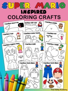 Super Mario inspired coloring crafts. With 10 different characters to color: Super Mario, Luigi, Yoshi, Princess Peach, Toad, Koopa Troopa, Boo, Goomba, Shy Guy, and Bullet Bill. Each coloring sheet has isolated body parts of its character to color. There's a small fully colored image of the character for reference.