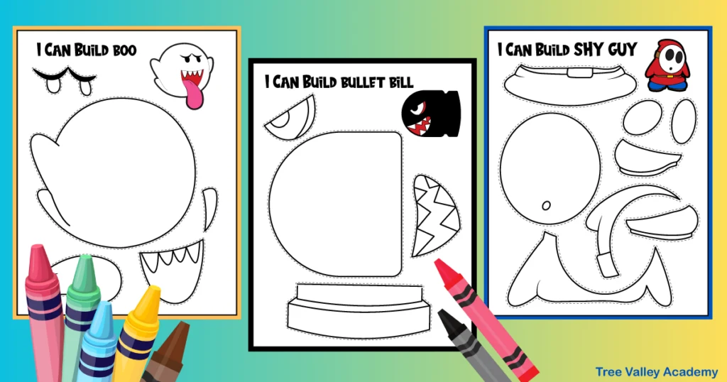 3 printable coloring sheets of Super Mario enemies: Boo, Bullet Bill, and Shy Guy. Each coloring page has between 4 to 8 different pieces of the character to color. There are dashed lines around each piece showing where to cut. Each page has a small fully colored image of the character for reference.