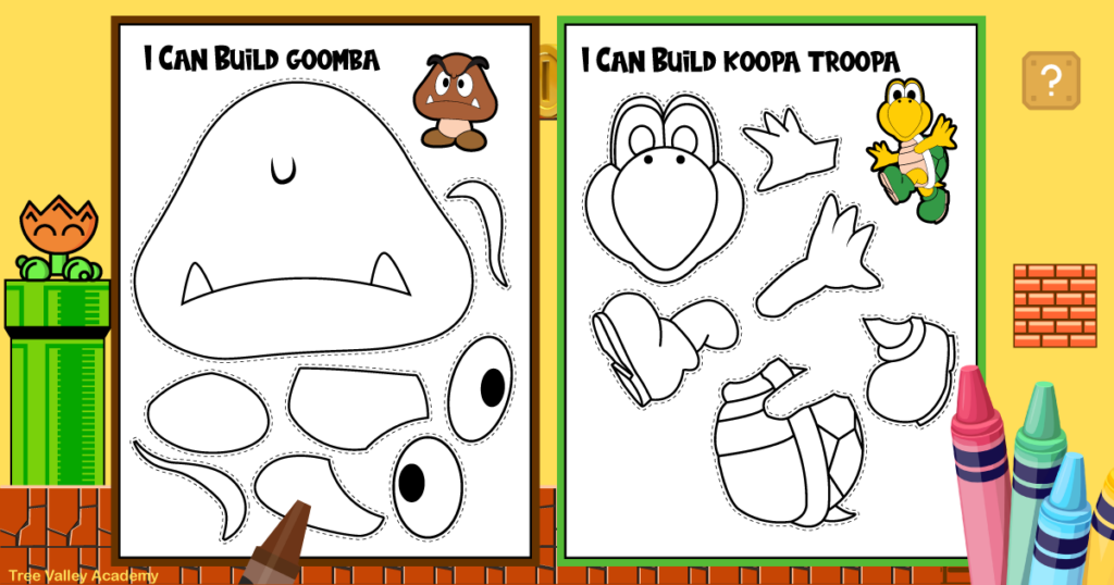 2 printable coloring pages of Goomba and Koopa Troopa. Each I Can Build coloring activity has 6 or 8 separate body parts of the Super Mario enemy to color. A small picture of the full colored villain is on each page.