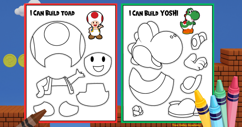 I can build Toad & I can build Yoshi printable coloring pages. Each page has its character isolated into 6 or 7 pieces with small dashes around each part indicating that they need to be cut out after being colored. There's a smaller colored image of the character for kids to reference to help them figure out the colors to color.