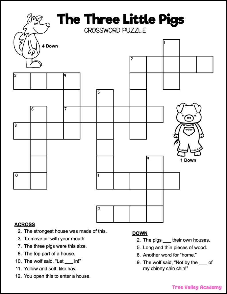 Free printable crossword puzzle for kids with "The Three Little Pigs" theme. The black and white easy crossword has 13 clues: 11 word clues and 2 picture clues.