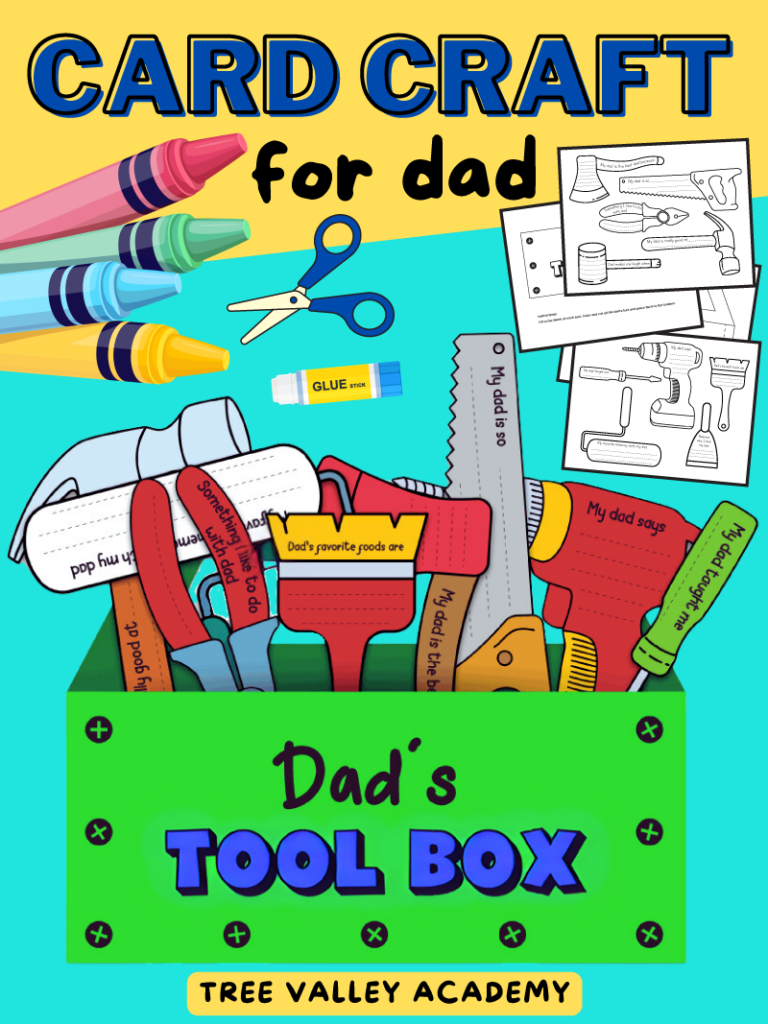 Printable card craft for dad. It includes the template for the paper toolbox and each of the 10 tools. Kids will write about their dad on each tool, and insert the tools into their Dad's handmade toolbox card.