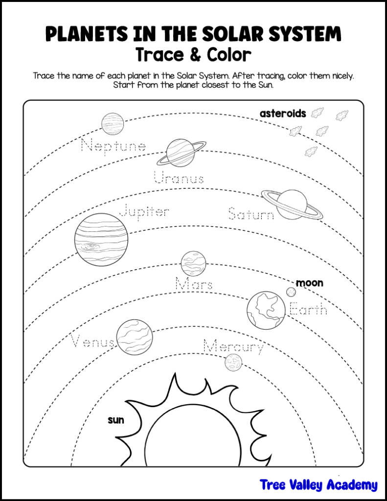 printable trace and color planets worksheet kindergarten solar system tracing activity for kids