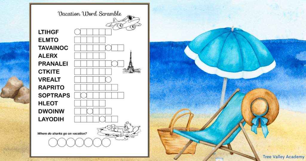 A one page printable black and white vacation word scramble. There's 12 words to unscramble. After unscrambling the travel themed words the letters in circles will reveal the answer to a joke.