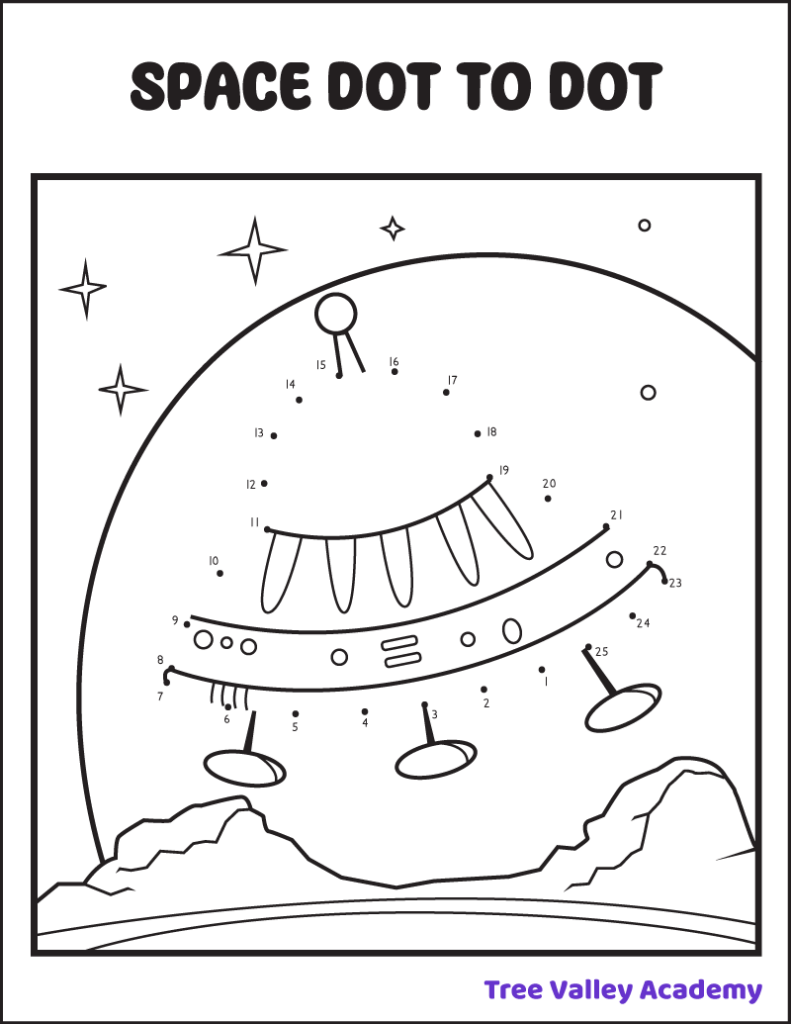 Free printable UFO connect the dots 1 to 25 space themed coloring page for kids.