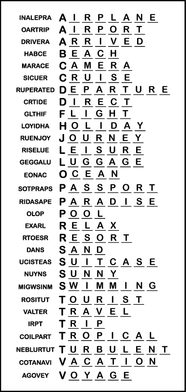 A vacation word scramble answer key.