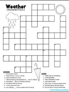 A free printable weather crossword puzzle for kids around 2nd grade. Images of a sun, rain cloud, and umbrella decorate the puzzle.