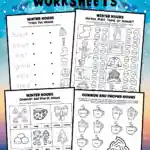 Printable kindergarten winter nouns worksheets, including a trace and match the nouns; person, place, or thing; singular and plural nouns; and a common and proper nouns worksheet with a hot chocolate theme.