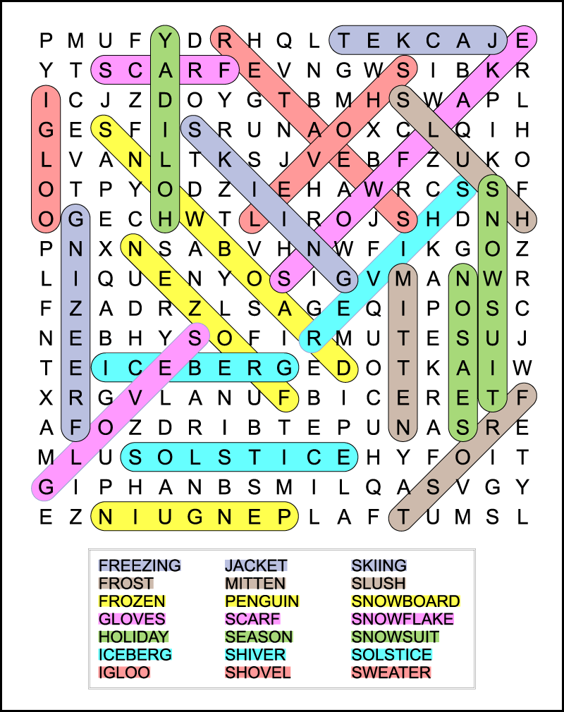 The answers for a winter word search puzzle. The words are color-coded to make it quick and easy to find any word. The answer key shows where all 21 hidden words hide in a 17 X 17 grid of uppercase letters.