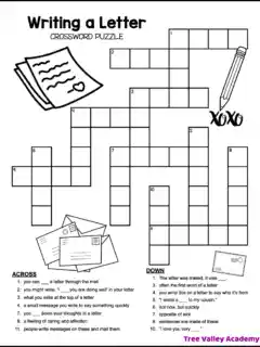 Free printable 2nd grade crossword puzzle with a letter-writing theme. Black-and-white worksheet with crossword grid, clues, and illustrations of letters, envelopes, and a pencil.