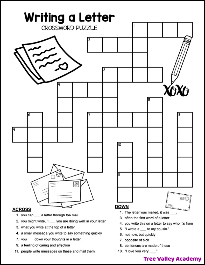Free printable 2nd grade crossword puzzle with a letter-writing theme. Black-and-white worksheet with crossword grid, clues, and illustrations of letters, envelopes, and a pencil.