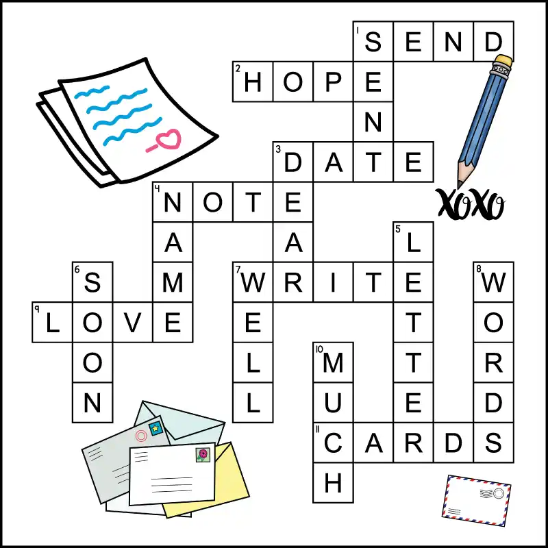 The answer key for a printable writing a letter crossword puzzle for kids.