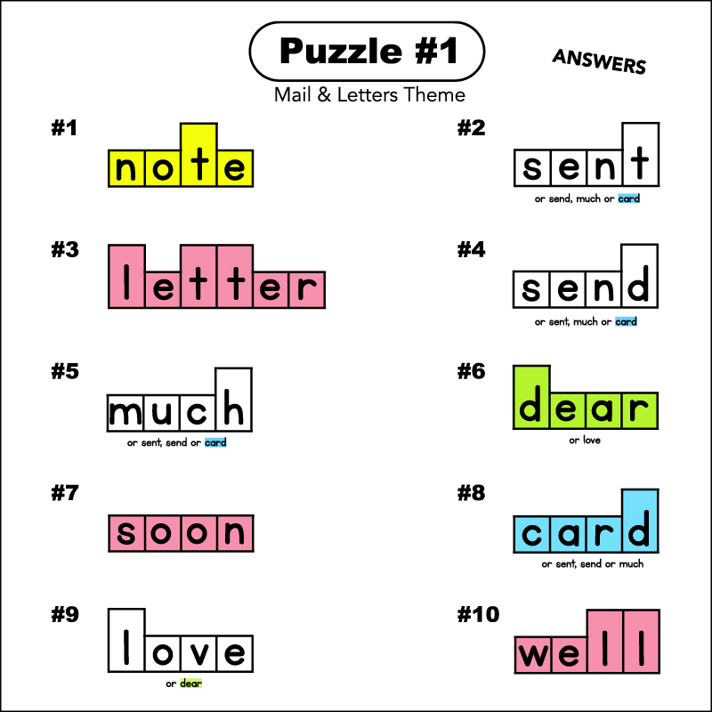 The answer key for a 2nd-grade phonics word shape puzzle worksheet. The answers in order from 1 to 10 are: note, sent, letter, send, much, dear, soon, card, love, and well. The word note should have been colored yellow. The words letter, soon, and well, should have been colored pink. The word dear should have be colored light green. And the word card should have been colored light blue.