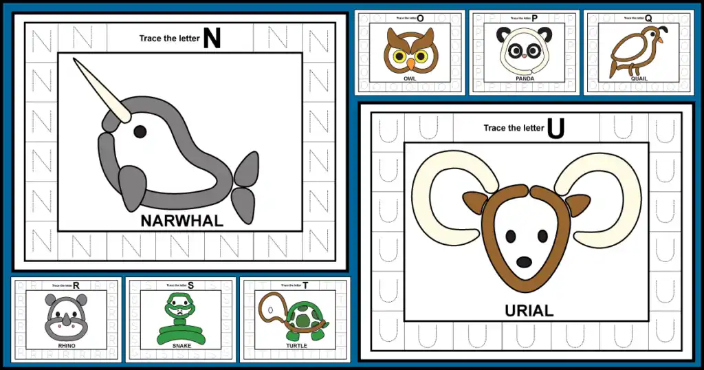 Alphabet letter tracing playdoh mats for letters N to U with uppercase tracing and animal playdough mats for preschool and kindergarten.