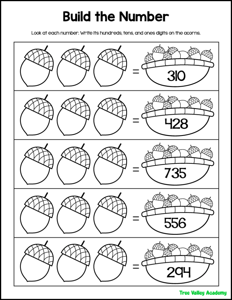 2nd grade place value worksheet for building 3-digit numbers with hundreds, tens, and ones on acorns