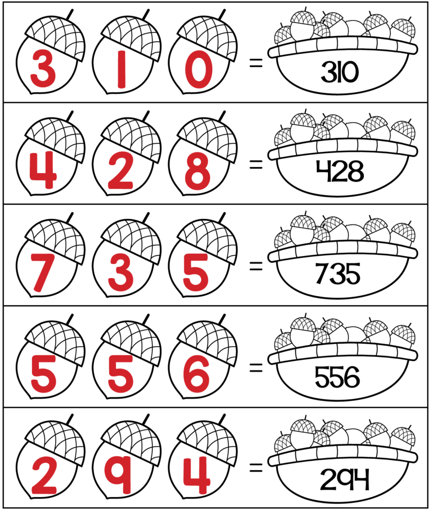 Answer key for 2nd grade place value worksheet showing hundreds, tens, and ones digits on acorns
