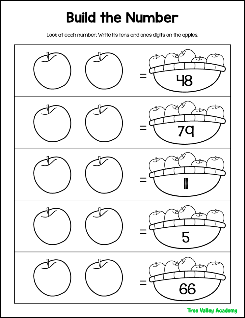 tens and ones place value worksheet where kids build 2-digit numbers by writing digits on apples