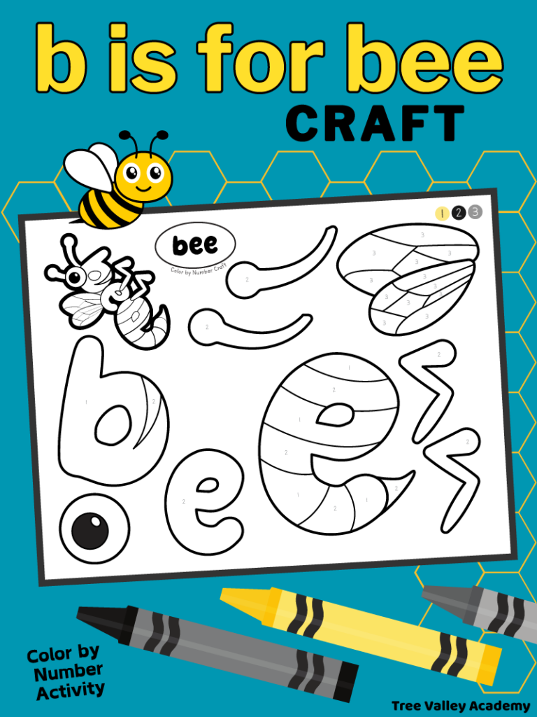 A lowercase b is for bee craft kindergarten color-by-number activity.