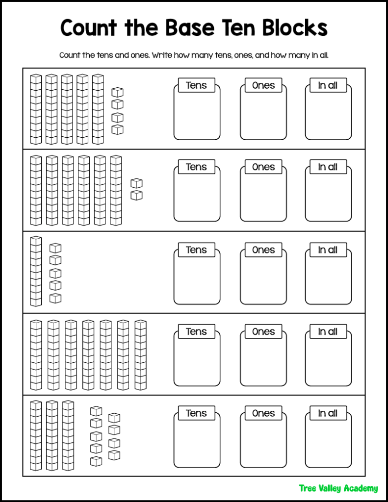 2nd grade base ten blocks worksheet for counting tens and ones and writing the total number