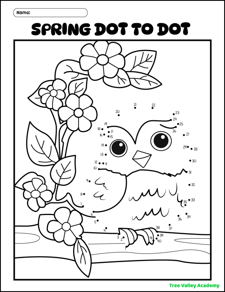 A printable bird connect the dots spring coloring page for kids. The dots to join begin at 1 and end at 41. There is also a branch the bird is sitting on and a branch full of flowers and leaves for kids to color.