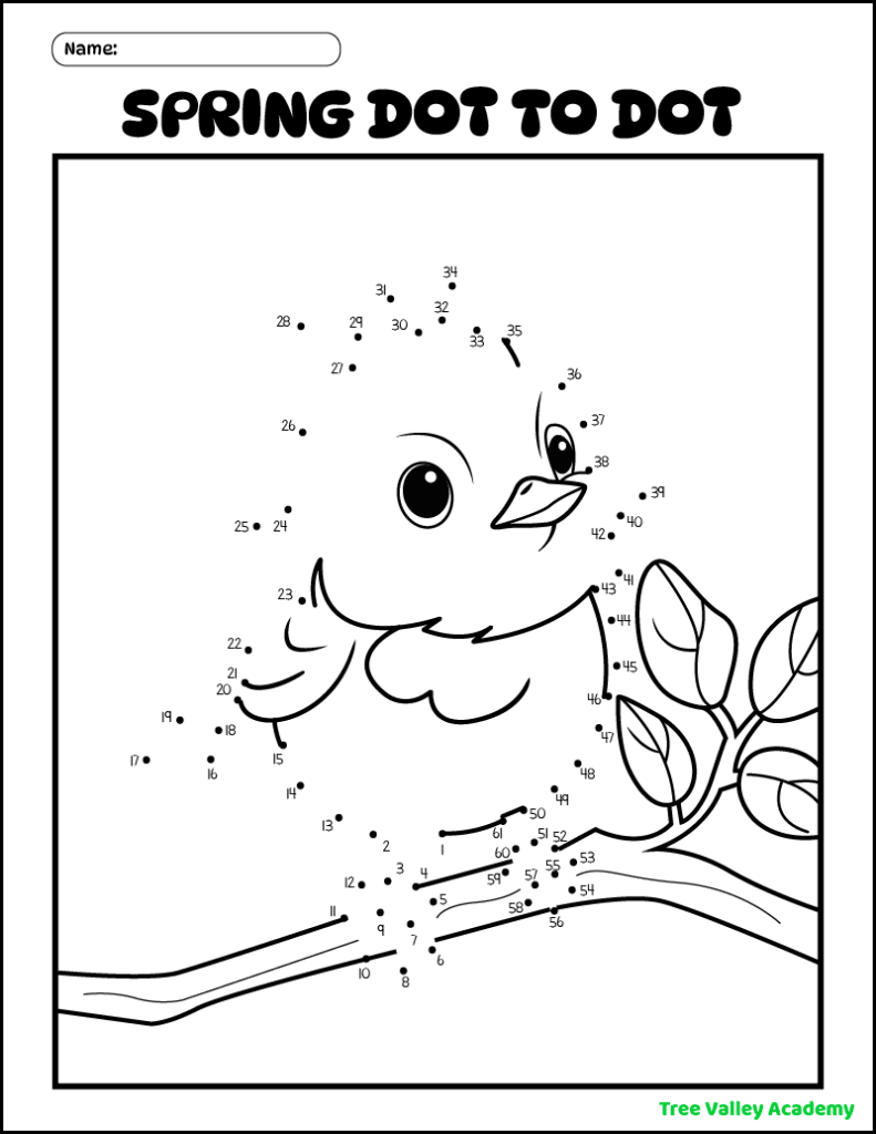 A printable bird dot to dot spring coloring page for kids. The dots to join begin at 1 and end at 61.