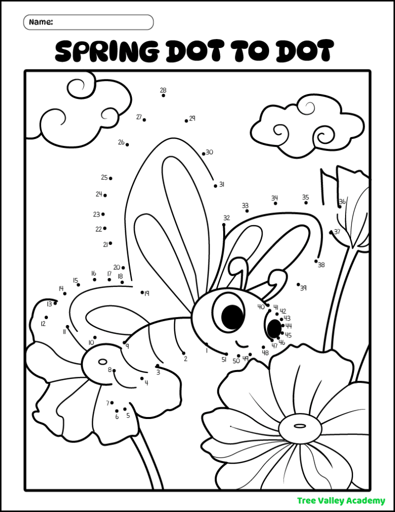 A printable butterfly connect the dots spring coloring page for kids. The dots to join begin at 1 and end at 51.