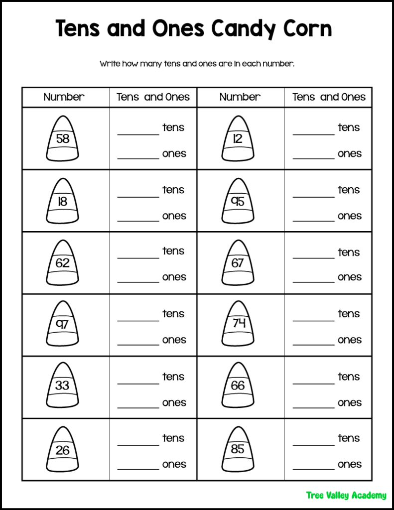 candy corn tens and ones worksheet for identifying place value in 2-digit numbers