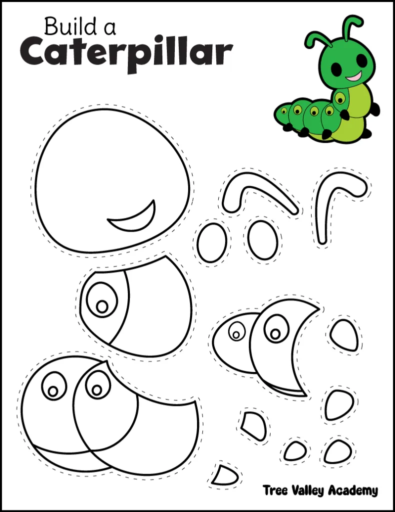 Caterpillar cut and paste craft printable for kids spring activity.