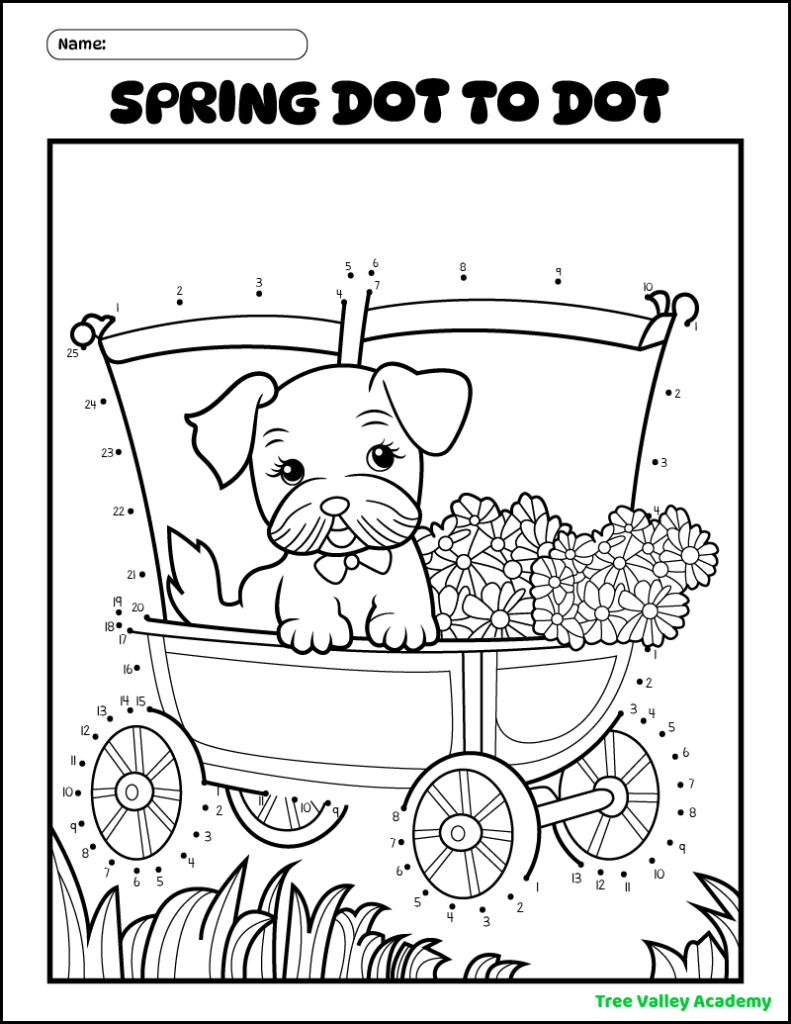 A printable spring dot to dot coloring page for kids of a dog sitting in a 4 wheeled cart that has flowers in it. There are a total of 63 dots for kids to join, but they will only need to count from 1 to 25.