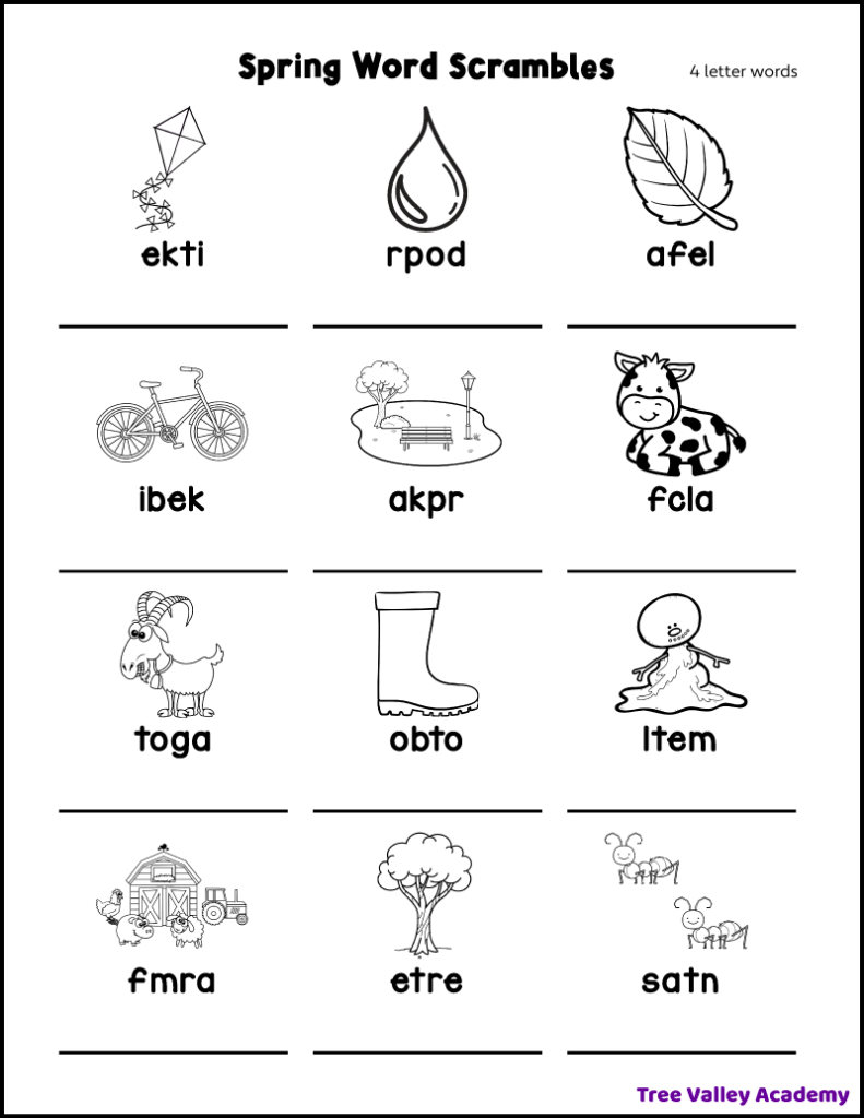 Printable 4 letter easy spring word scramble for kids. The puzzle has 12 scrambled spring words with a black and white drawing above each word to help kids spell them correctly.