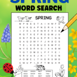 Easy spring word search. The black and white printable has 20 spring words for kids to find in a 12 X 12 grid of uppercase letters. The puzzle is decorated with cute spring images for kids to color. There are 3 birds, a worm on a leaf, a ladybug, and another bird holding a tulip.