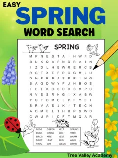 Easy spring word search. The black and white printable has 20 spring words for kids to find in a 12 X 12 grid of uppercase letters. The puzzle is decorated with cute spring images for kids to color. There are 3 birds, a worm on a leaf, a ladybug, and another bird holding a tulip.