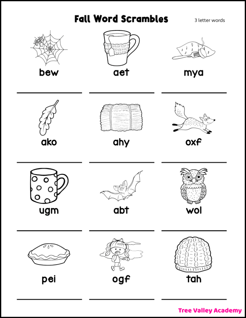 Free printable fall word scramble puzzle for kids with 12 scrambled 3-letter autumn words and picture clues, including web, tea, yam, oak, hay, fox, mug, bat, owl, pie, fog, and hat.