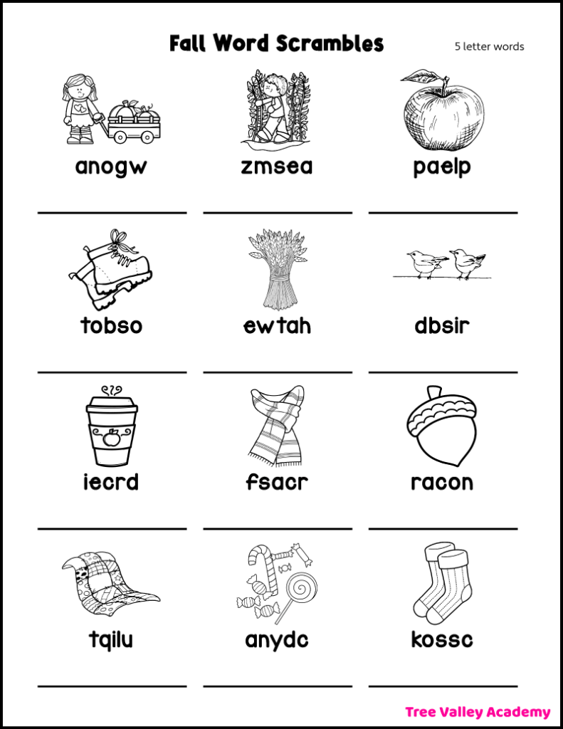 Free printable fall word scramble with 12 scrambled 5-letter autumn words and picture clues, including wagon, mazes, apple, boots, wheat, birds, cider, scarf, acorn, quilt, candy, and socks.