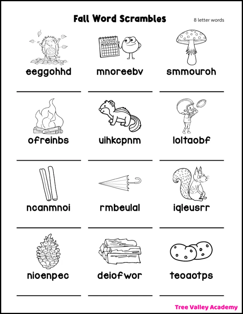 Printable fall word scramble worksheet with 12 different 8-letter fall-themed words for kids to unscramble, including pictures of a hedgehog, calendar, mushroom, bonfire, chipmunk, football, cinnamon sticks, umbrella, squirrel, pinecone, firewood, and potatoes.