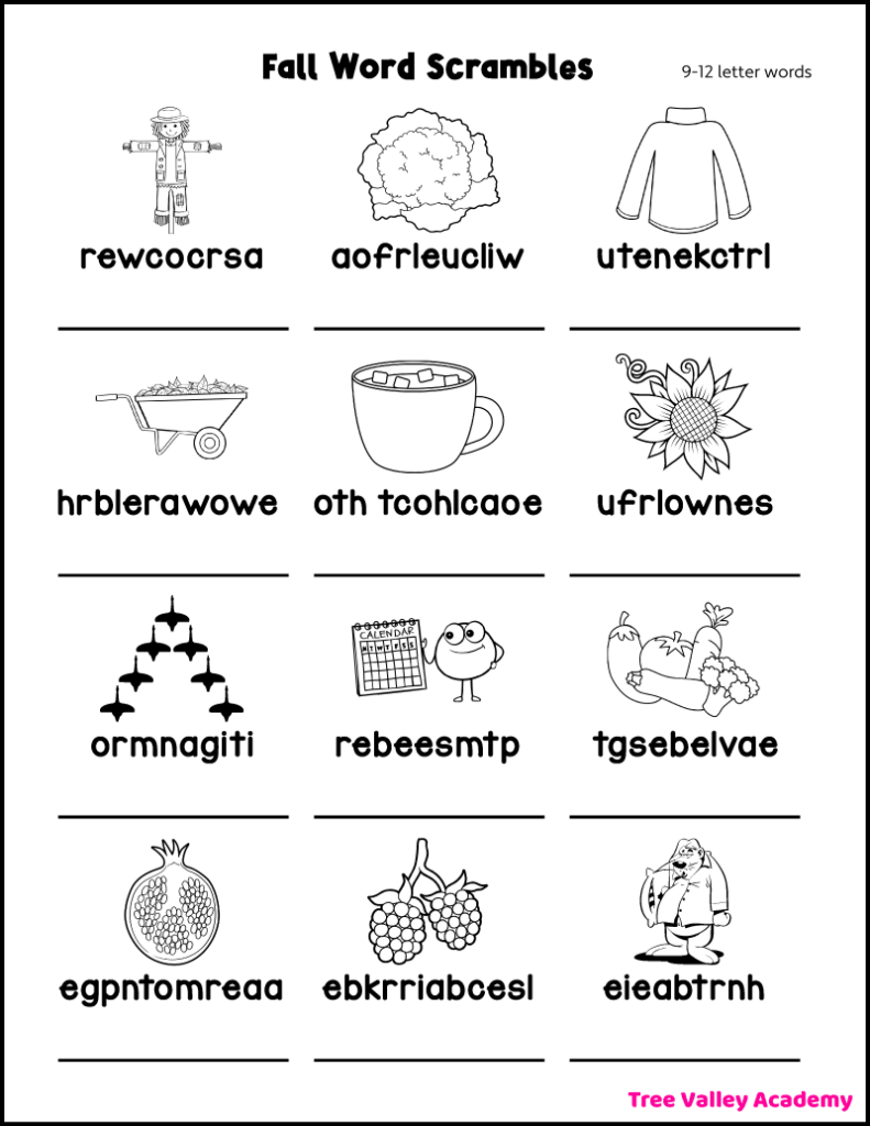 Free printable fall word scramble worksheet with 12 different 9–12 letter autumn-themed words for kids to unscramble. Each scrambled word has a corresponding picture clue. Images of a scarecrow, cauliflower, turtleneck, wheelbarrow, hot chocolate, sunflower, migration, calendar, vegetables, pomegranate, blackberries, and a tired bear in pajamas holding a pillow.