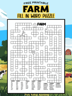 free printable farm fill in word puzzle for kids with 54 farm vocabulary words