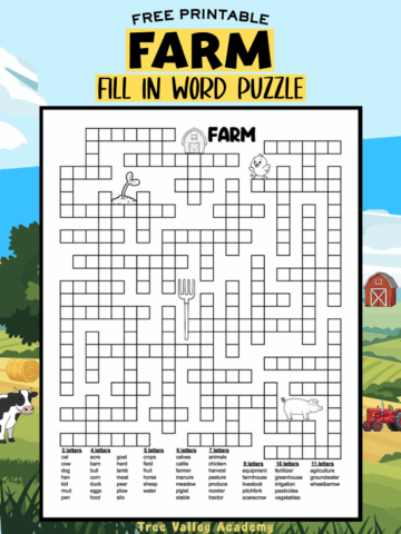free printable farm fill in word puzzle for kids with 54 farm vocabulary words