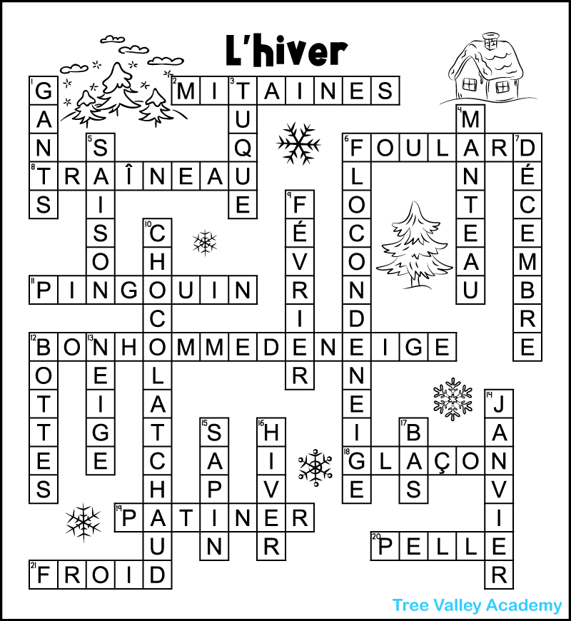 A french winter-themed crossword puzzle answer key. The words across are: mitaines, traîneau, foulard, pingouin, bonhomme de neige, glaçon, patiner, pelle, and froid. The words down are gants, tuque, manteau, saison, flocon de neige, décembre, février, chocolat chaud, bottes, neige, sapin, hiver, bas, and janvier.