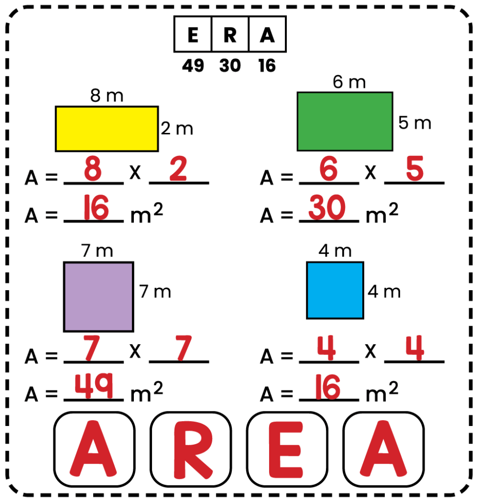 Answer key for a 3rd grade geometry worksheet showing area calculations for rectangles and squares with the mystery code word AREA.