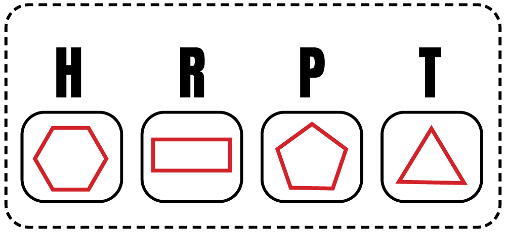 Answer key for a 3rd grade geometry worksheet showing shapes drawn for the letters H, R, P, and T including hexagon, rectangle, pentagon, and triangle.
